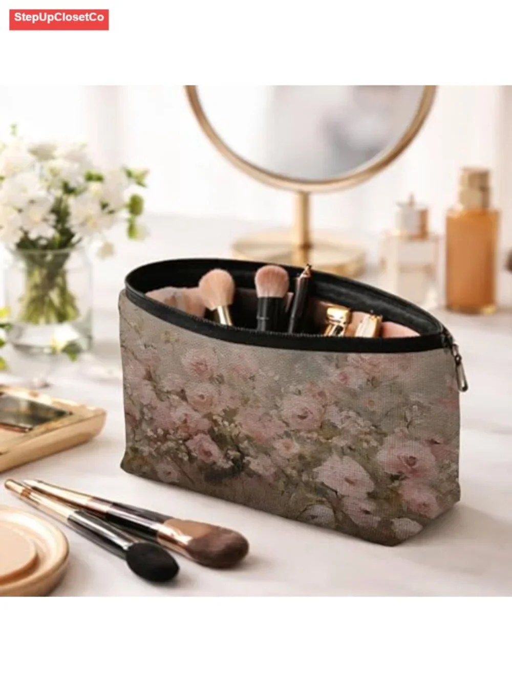 Vintage Floral Makeup Bag Linen Canvas Zipper Pouch